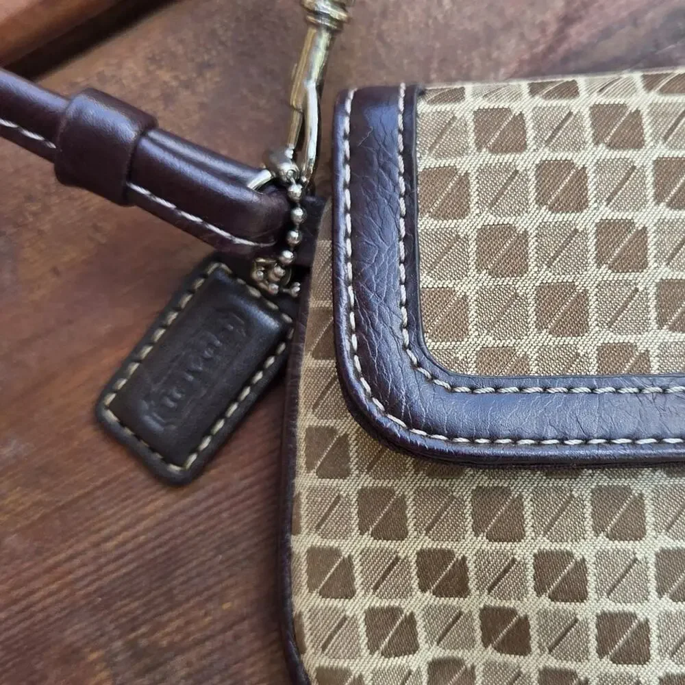 Coach Y2K Signature Jacquard Buckle Wristlet Brown Leather Mini Bag